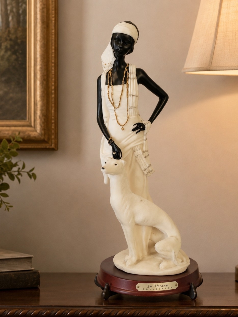 Elegant Black Lady In White With Greyhound Sculptural Accent